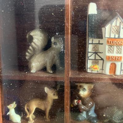 LOT:41: Vintage Wood and Glass Hinged Display Case with Ceramic Miniature Animals and Houses