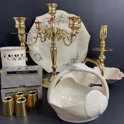 LOT:42: Baldwin Brass Candle Sticks and 3 Sets of Candle Followers (2 in Original Boxes) Lenox Fine China Serenade Plate, Pierce Heart...