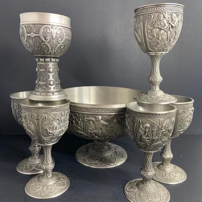 LOT:43: Vintage Franklin Mint Legends of Camelot Pewter Bowl and Set of 5 Excalibur Pewter Goblets and More