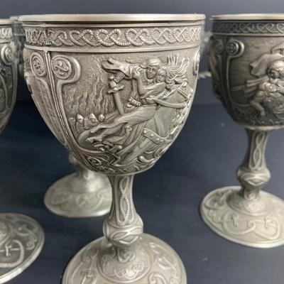 LOT:43: Vintage Franklin Mint Legends of Camelot Pewter Bowl and Set of 5 Excalibur Pewter Goblets and More