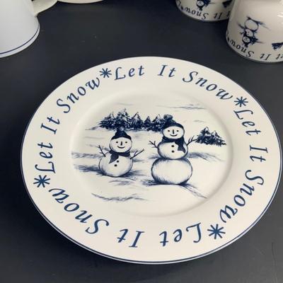 LOT:47: Let It Snow Collection of Cookie Plates, Bowls and Hot Chocolate Mugs, Dansk Flora Pot and More