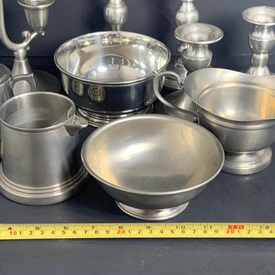 LOT:50: Large Assortment of Pewter Pieces Including Reed & Barton Bowl, Connecticut House Pewters, Creamer, Sugar Bowl and Gravy Boat,...