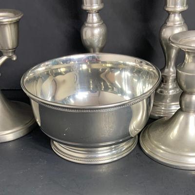 LOT:50: Large Assortment of Pewter Pieces Including Reed & Barton Bowl, Connecticut House Pewters, Creamer, Sugar Bowl and Gravy Boat,...