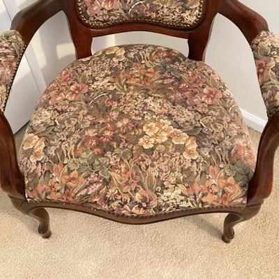 LOT 56: Italy Queen Anne Wood Carved Floral Print Arm Chair (Pulaski Furniture) and Wood Side Table