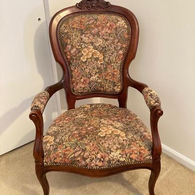 LOT 56: Italy Queen Anne Wood Carved Floral Print Arm Chair (Pulaski Furniture) and Wood Side Table