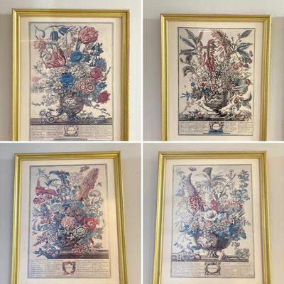 LOT 60: Four Botanical Gold Tone Framed Prints (January, March, August and December)