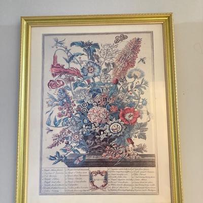 LOT 60: Four Botanical Gold Tone Framed Prints (January, March, August and December)