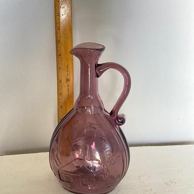 LOT 79: Small Farmhouse Side Table with Amethyst Jenny Lind Fislerville Glassworks Bottle / Vase