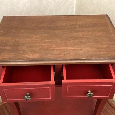 LOT 86: Red Wood Small Side Table with Pig and Piglet Figurine