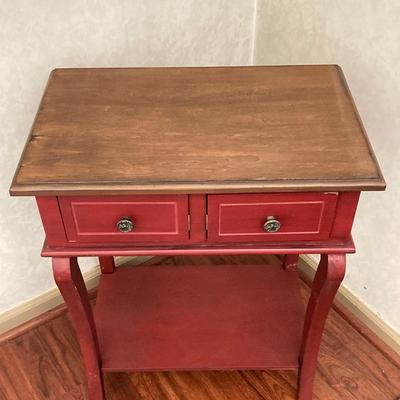 LOT 86: Red Wood Small Side Table with Pig and Piglet Figurine