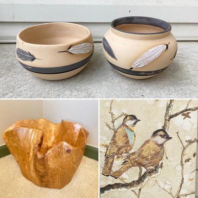 LOT 87: D'Ecco Decorative Wooden Bowl, Pair of Signed Pottery Bowls and Painted Canvas Wall Art