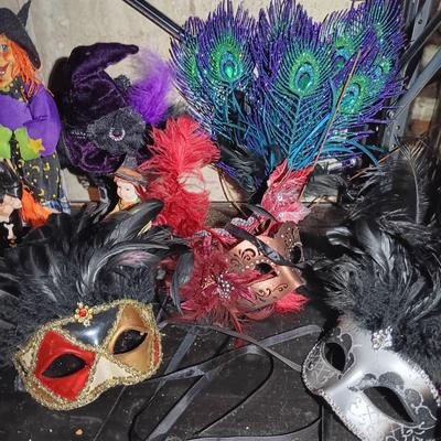 LOT 125: Large Collection of Halloween Themed Dishes & Decorations w/ Carnival Masks