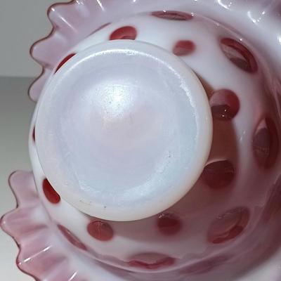 LOT 131: Vintage Cranberry Glass Coin Dot Basket w/ Pink Glass Cake Stands & Candlestick Holders