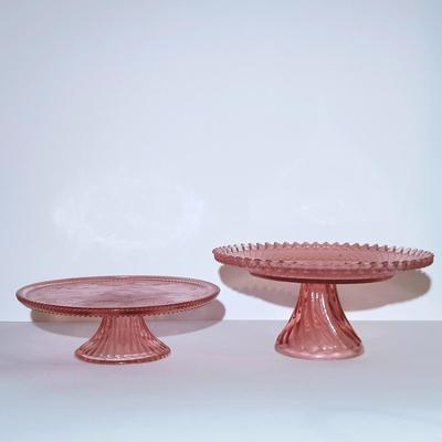 LOT 131: Vintage Cranberry Glass Coin Dot Basket w/ Pink Glass Cake Stands & Candlestick Holders