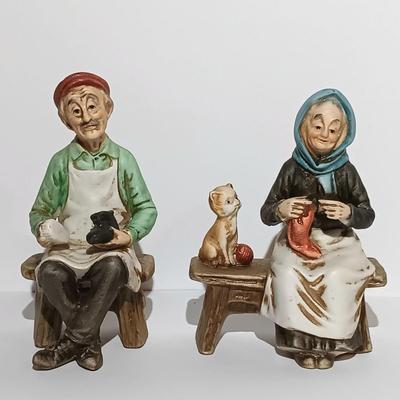 LOT 133: Vintage Ceramic Figurines: Old Woman Knitting with Cat and Cobbler