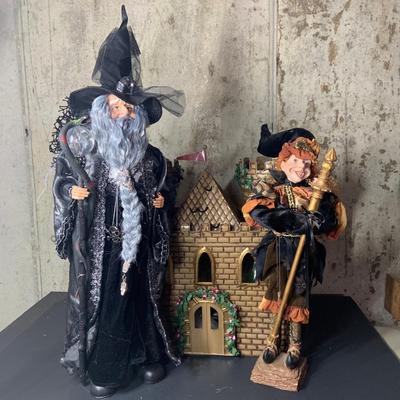 LOT:144: Katherine's Collection Style Wizard and Jester Medieval Doll and Castle Candle Holder