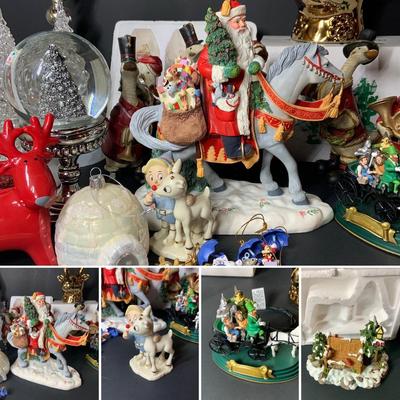 LOT:148: Christmas Decor with Lenox Santa of the Northern Forest, Lenox Rudolph and Co., Department 56 Chistmas Village Bench, Van Hygan...