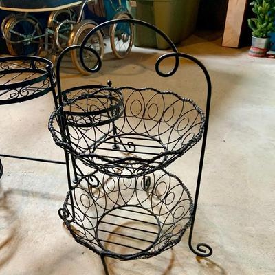LOT:152:Metal Plant Stands, Tiered Metal Baskets, Cake Serving Dishes and Holiday Linens