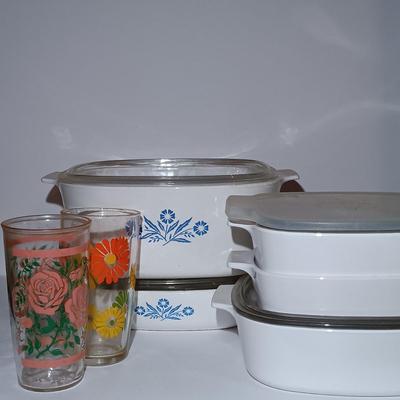LOT 159: Set of Five Corningware Casserole Dishes w/ Lids & Two Vintage Glasses