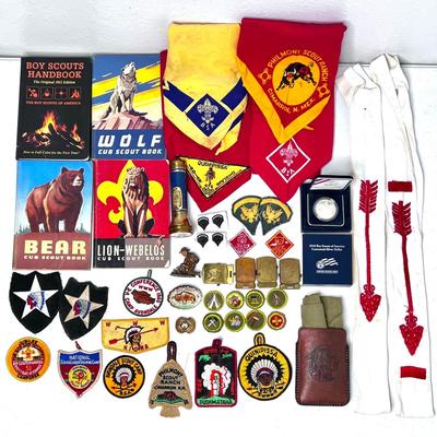 Vintage Boy Scout Bundle - Centennial Silver Dollar - Patches - Books - Bandanas - Pins - Belt Buckles - Flashlight, and More