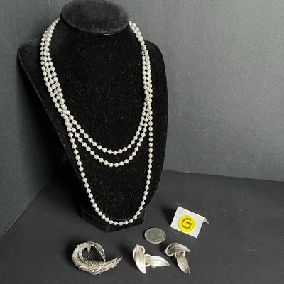 Silver Ball Necklace, Earring and Broach Set