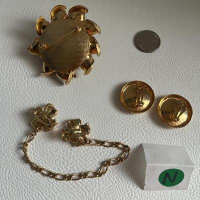 Gold Tone Jewelry Set - Clip on Earrings and Broach