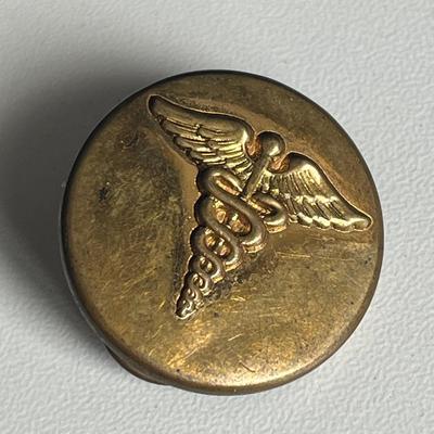 Vintage US Navy Medical Pin and Solid Brass Belt Buckle Set Featuring the Caduceus symbol