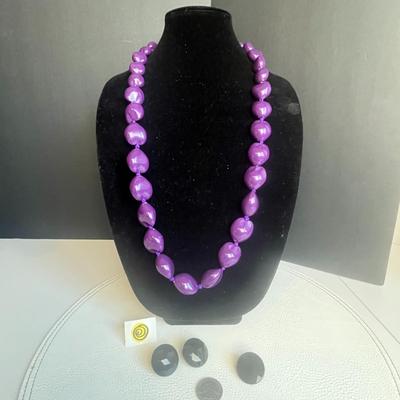 Purple Beaded Statement Necklace and Gem Clip-on Earrings