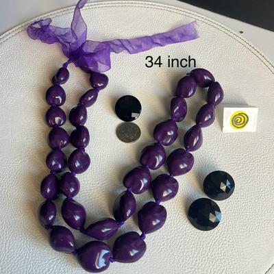 Purple Beaded Statement Necklace and Gem Clip-on Earrings