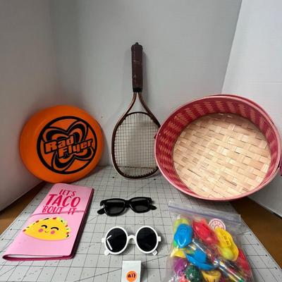 Various Kids Toys, Sunglasses, Basket, Notebook and Tennis Racquet