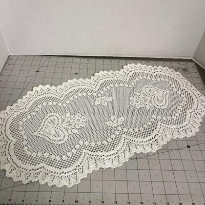 Pot Lid, 2-Prong Utensil, Spatula and Lace Table covering