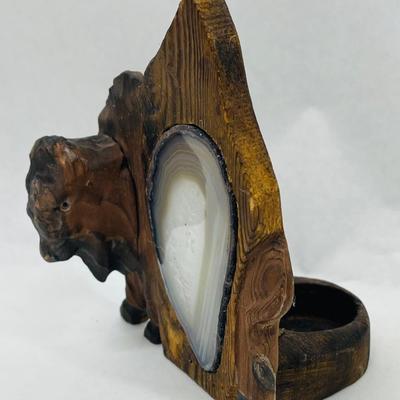 Carved Wood Buffalo Candleholder with Geode Slice