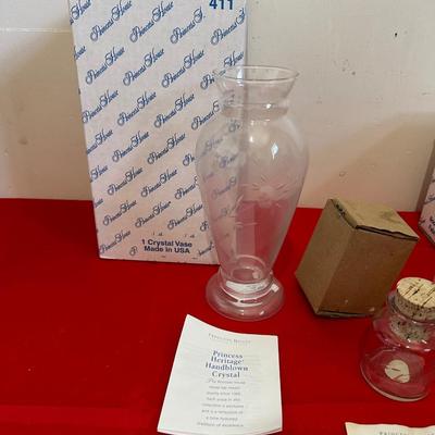 PRINCESS HOUSE CRYSTAL ETCHED VASE AND CANDY DISH