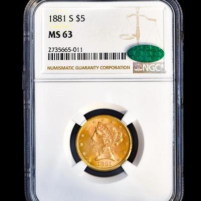 1881-S $5 GOLD LIBERTY NGC MS-63 CAC HALF EAGLE COIN UNCIRCULATED