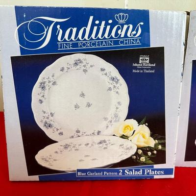 NEW TRADITIONS SALAD PLATES, SOUP BOWLS AND GRAVY BOAT BLUE GARLAND PATTERN