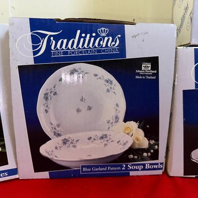NEW TRADITIONS SALAD PLATES, SOUP BOWLS AND GRAVY BOAT BLUE GARLAND PATTERN