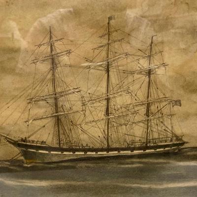 Vintage Art: Charcoal Image of Sailing Ship