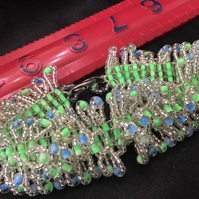 Beaded Glass Bracelet Green Blue Handmade Jewelry