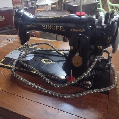 Vintage Cast Body Electric Singer Sewing Machine with Wood Cabinet