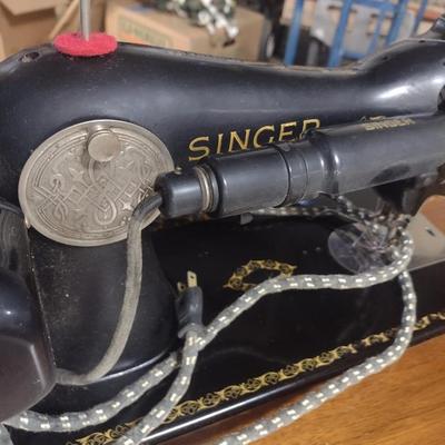 Vintage Cast Body Electric Singer Sewing Machine with Wood Cabinet