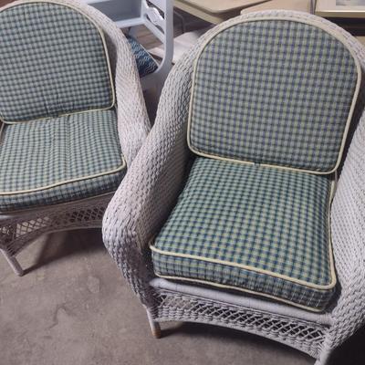 Pair of White Wicker Patio Chairs with Cushion Set