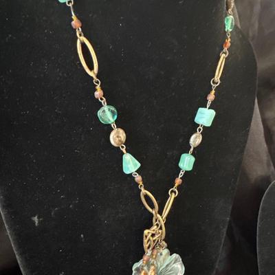Bronze, toned, turquoise, glass bead, glass pendant, flower, Boho style necklace
