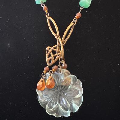Bronze, toned, turquoise, glass bead, glass pendant, flower, Boho style necklace