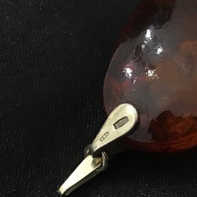 Large Russian Honey Amber Pendant 875 Silver Gold Plated Marked