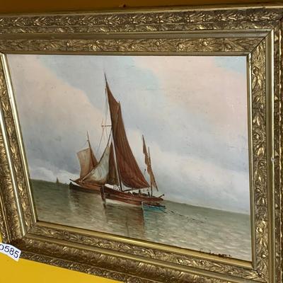 Antique Oil On Canvas Sailboats Gold Gilt Framed
