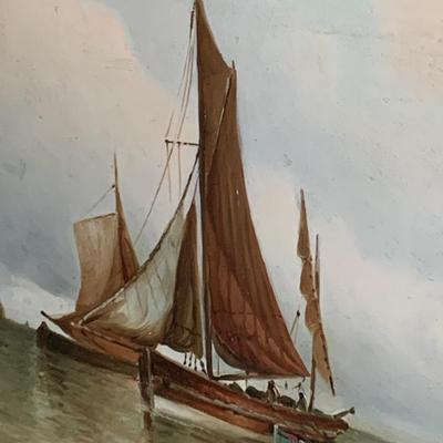 Antique Oil On Canvas Sailboats Gold Gilt Framed