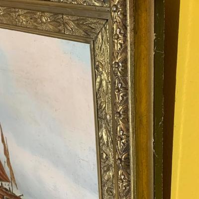 Antique Oil On Canvas Sailboats Gold Gilt Framed