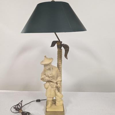 1980's Chapman Chinoiserie Ceramic Brass & Bronze Figural Table Lamp