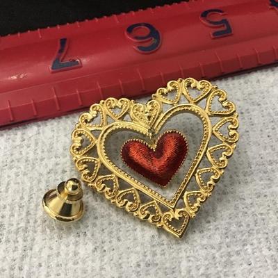 Vintage 1991 Avon Gold Tone Red Enamel Filigree Dangling Heart Brooch Pin