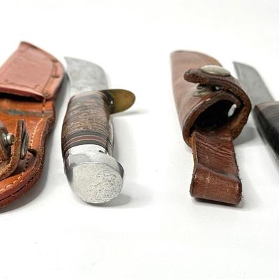Set of 2 Vintage Boy Scout Knives with Leather Cases